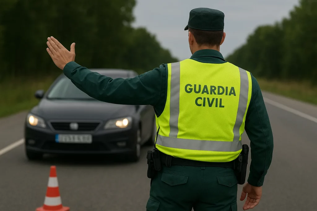 Guardia Civil de espaldas deteniendo un coche en un control de tráfico en carretera de Ponferrada