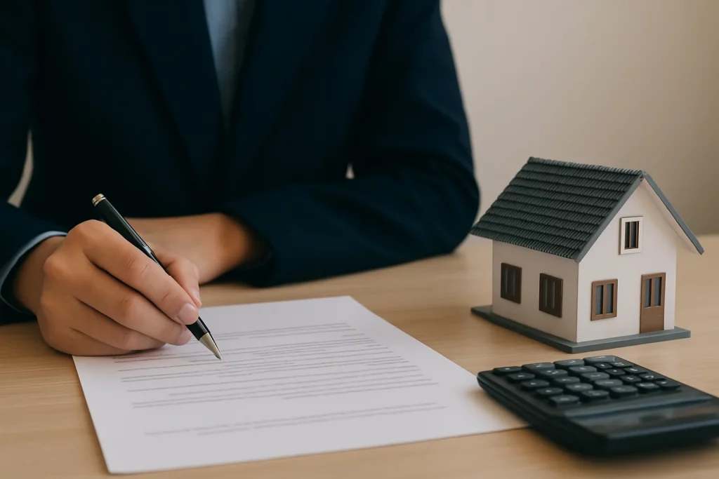 Abogado firmando una escritura hipotecaria junto a una maqueta de vivienda y una calculadora sobre la mesa en un despacho profesional.