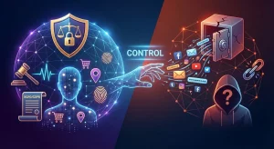 Ilustración conceptual sobre los riesgos de privacidad digital frente a la protección legal de datos. A la izquierda, seguridad bajo el RGPD con escudo y control biométrico; a la derecha, un hacker robando información de una caja fuerte rota. Imagen para artículo de abogados en Ponferrada.