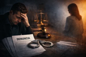 Hombre preocupado ante una denuncia por agresión sexual con esposas y mazo de juez, defensa penal en Ponferrada por Elva Puerto Abogados.