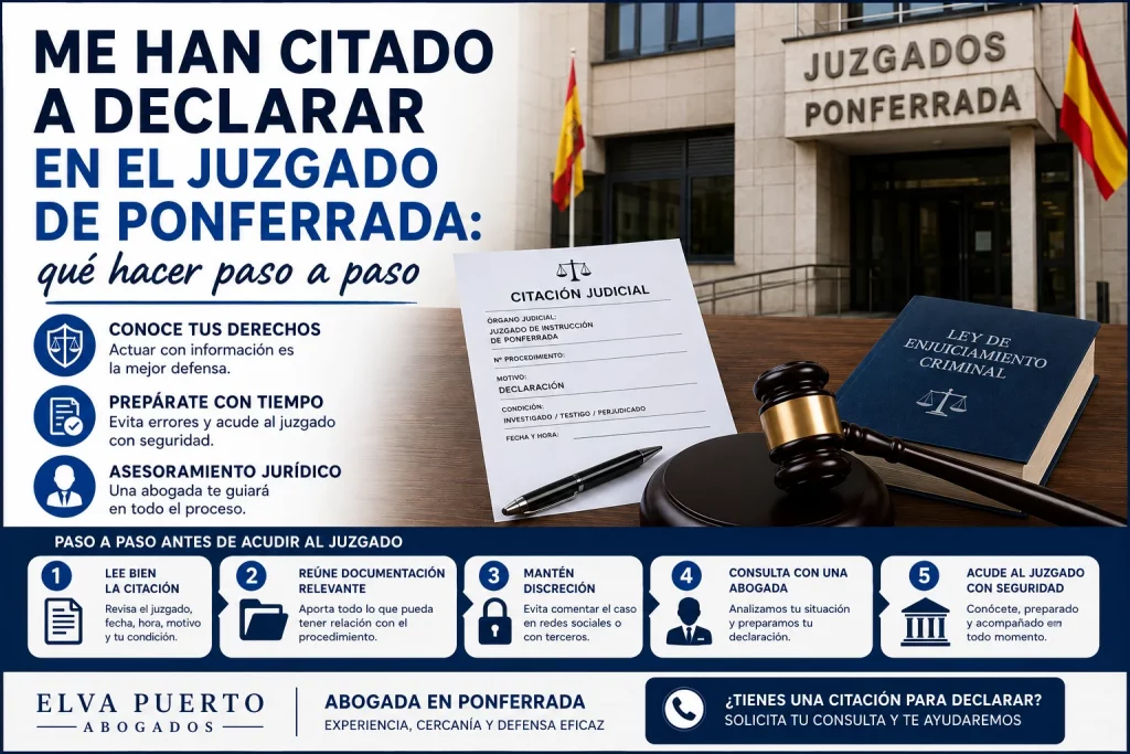 Infografía sobre qué hacer si has sido citado a declarar en el Juzgado de Ponferrada. Incluye recomendaciones para revisar la citación, reunir la documentación, mantener la discreción, consultar con una abogada y acudir preparado al juzgado. Aparecen la fachada de los juzgados, una citación judicial, un mazo de juez y un libro de la Ley de Enjuiciamiento Criminal.
