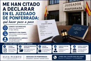 Infografía sobre qué hacer si has sido citado a declarar en el Juzgado de Ponferrada. Incluye recomendaciones para revisar la citación, reunir la documentación, mantener la discreción, consultar con una abogada y acudir preparado al juzgado. Aparecen la fachada de los juzgados, una citación judicial, un mazo de juez y un libro de la Ley de Enjuiciamiento Criminal.